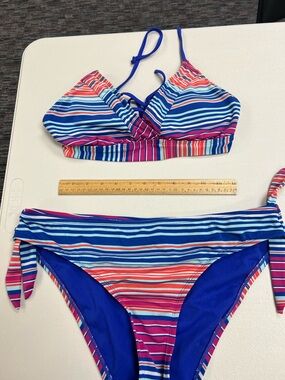 a.n.a Striped Bikini Top and Bottom Set in Royal Blue, Teal, White